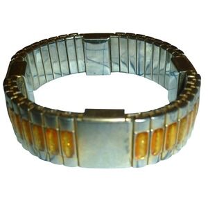 Vintage Two Tone Silver Gold Lucite Inlay Expansion Stretch Link Bracelet Retro